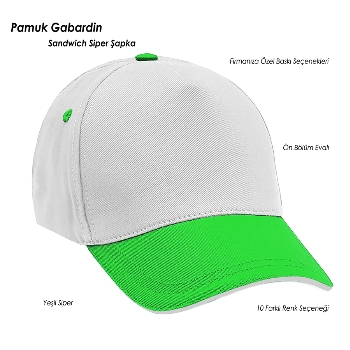 Beyaz Gövde - Yeşil Siper Pamuk Şapka